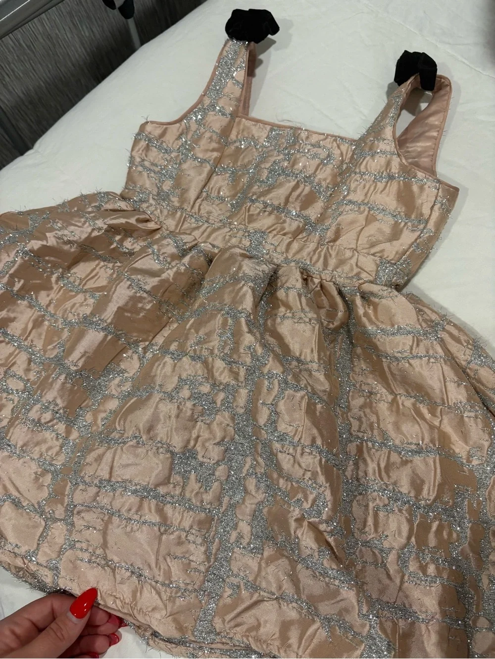 Girls Cream Glitter Check Occasion Dress with Black Bow Straps 50 for both